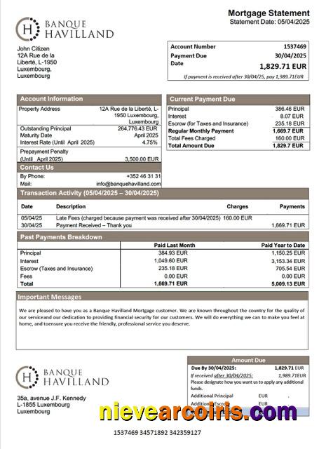 Luxembourg Banque Havilland mortgage statement Word and PDF template